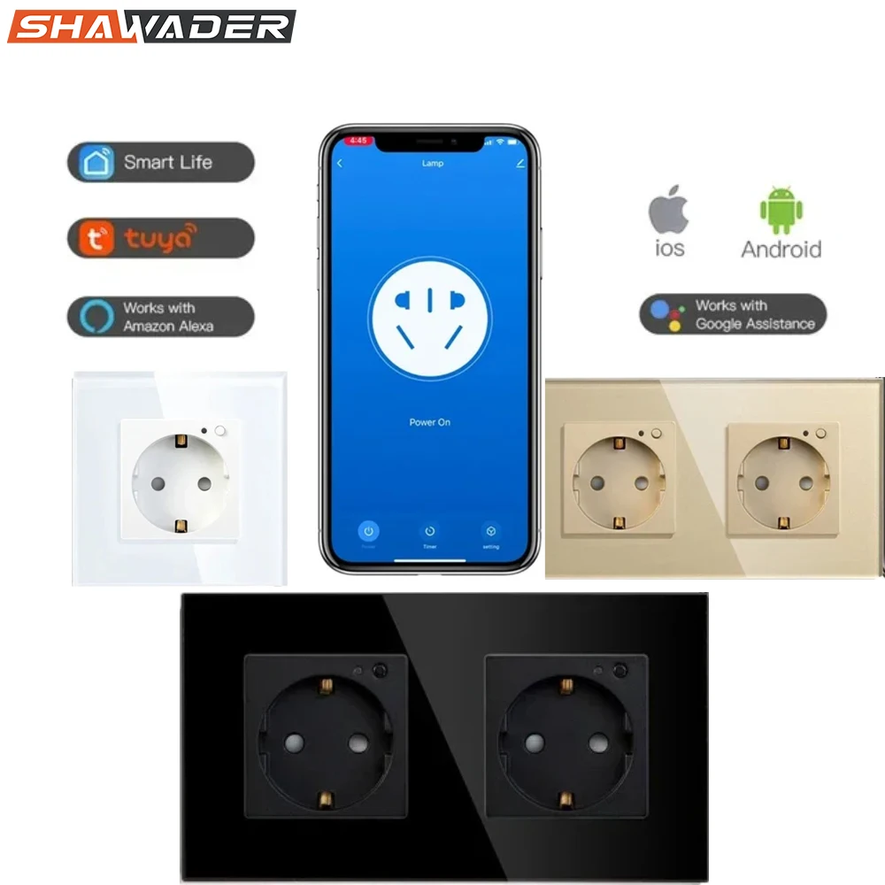 

Shawader Wifi Smart EU Wall Socket 16A Crystal Glass Electrical Plug Outlet Plate Panel Switch Remote by Tuya Alexa Google Home