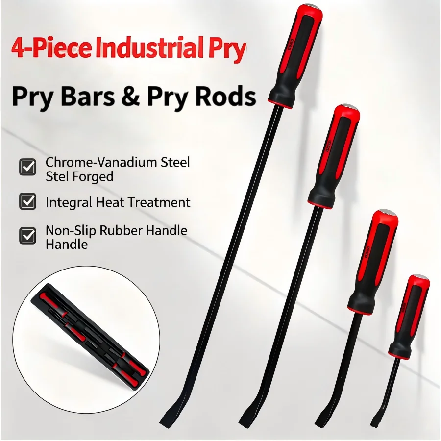 WPM Heavy Duty 4Pcs Pry Bar Set, Thick Striking Cap Handle 8 12 18 24 Inch Professional for Auto Repair Thread Machining