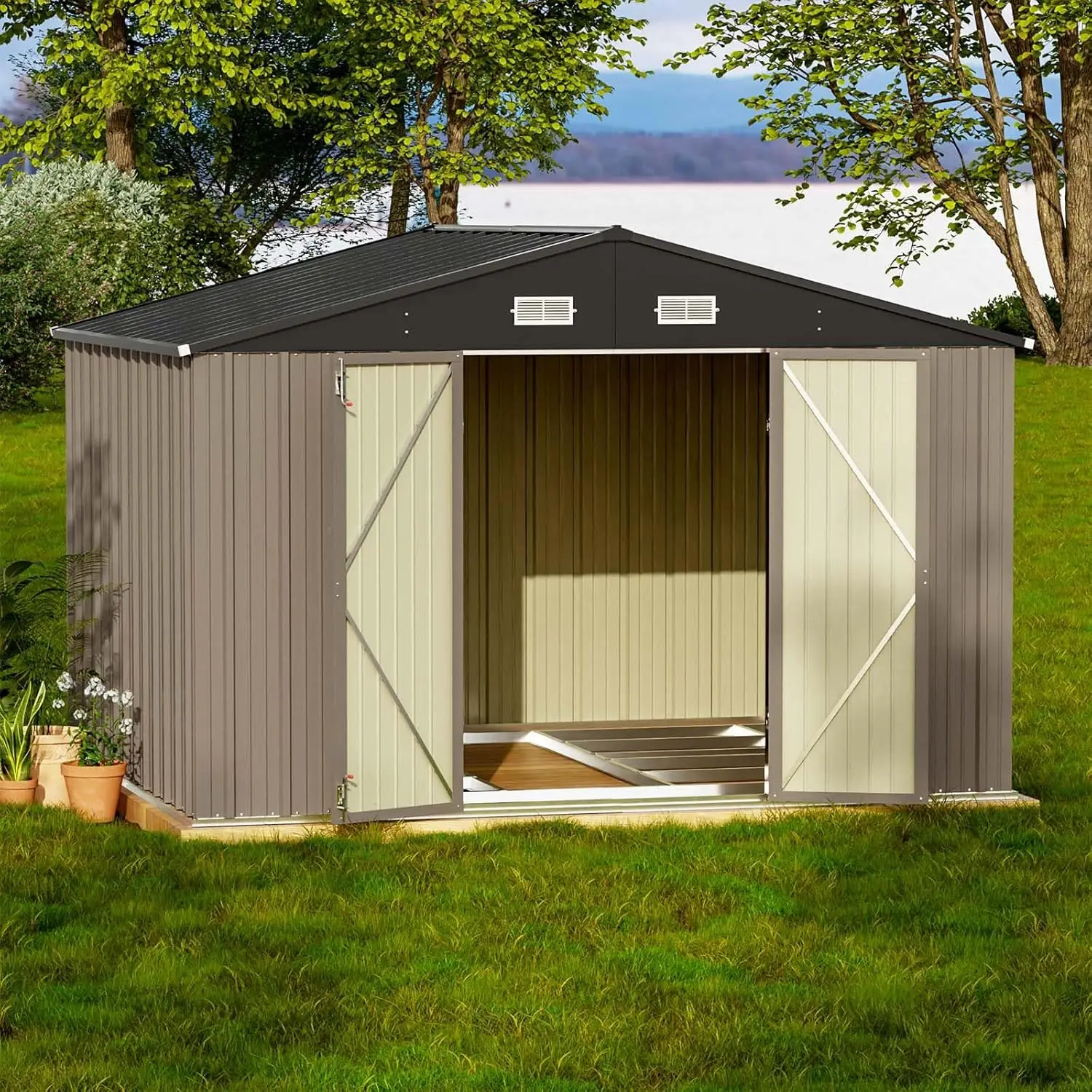 

10 x 8 FT Outdoor Storage Shed with Floor Frame, Large Garden Tool Metal Shed with Sloping Roof and Double Lockable Door