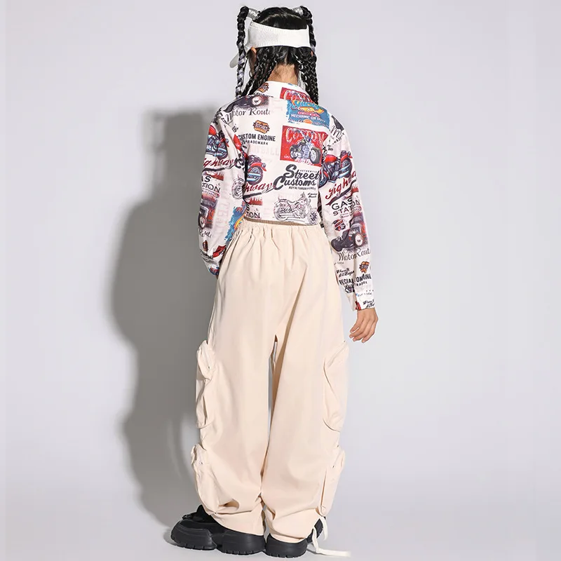 Kinder Moderne Jazz Dans Kostuum Meisjes Hiphop Kleding Print Lange Mouw Tops Baggy Broek Tienerstreetwear Concert Podium Outfit