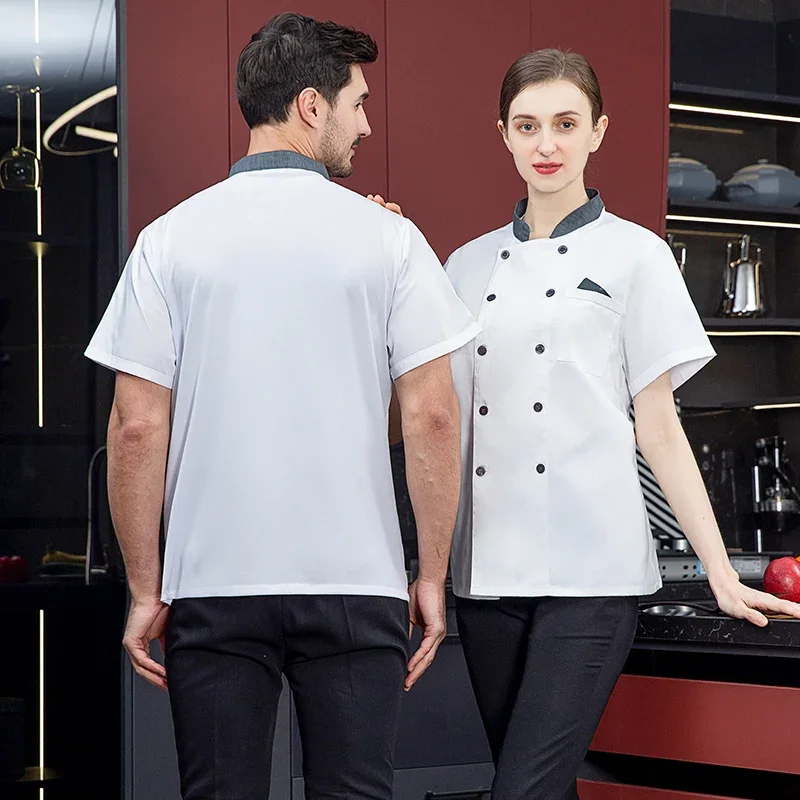 メンズブラックシェフコートロゴ半袖シェフジャケットエプロン付きヘッドシェフユニフォームサマーホテルキッチン衣装クッキングクローズロゴ