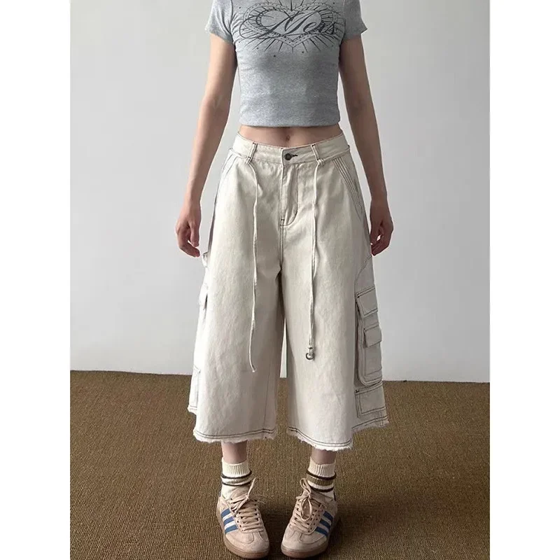 

Y2k Streetwear Mutil Pockets Cargo Jeans Women Harajuku Baggy Wide Leg Denim Trousers 2000s Vintage Oversize Short Jean Pants