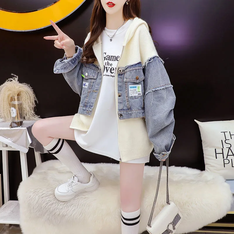 جاكيتات للنساء التلبيب لوحات الدنيم سترة النساء معاطف فضفاضة سترة سميكة سترة مشغولة من الصوف ملابس النساء تريكو