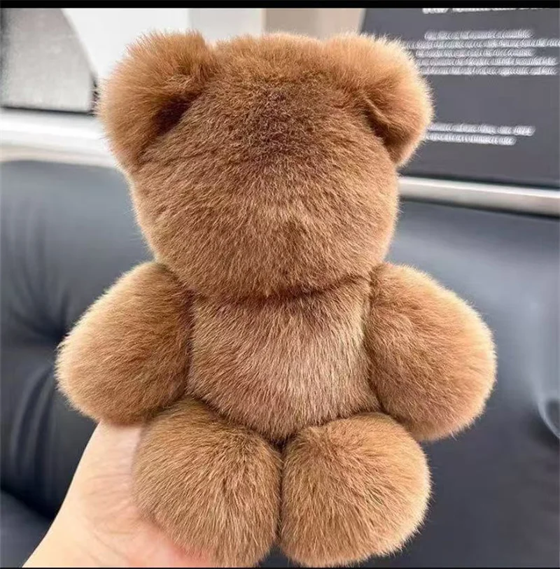 

Cute Bear Trinkets Rex Rabbit Fur Keychain Small Brown Bear Plush Toy Handbag Pendant Car Key Ring Charm Jewwlry Ornaments