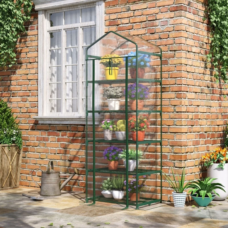 Mini serre avec 5 étagères, couverture en plastique et structure en acier vert, 69x49x193 cm, serre transparente pour la culture de fleurs ou de légumes