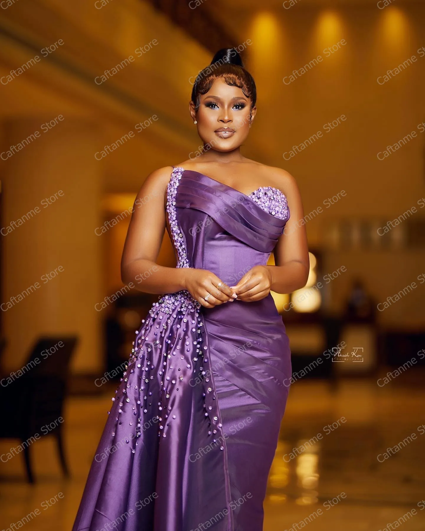 Demure Purple Satin Beadings Aso Ebi Evening Gowns One Shoulder Mermaid Long Prom Dress Africa Women vestido festa luxo Custom