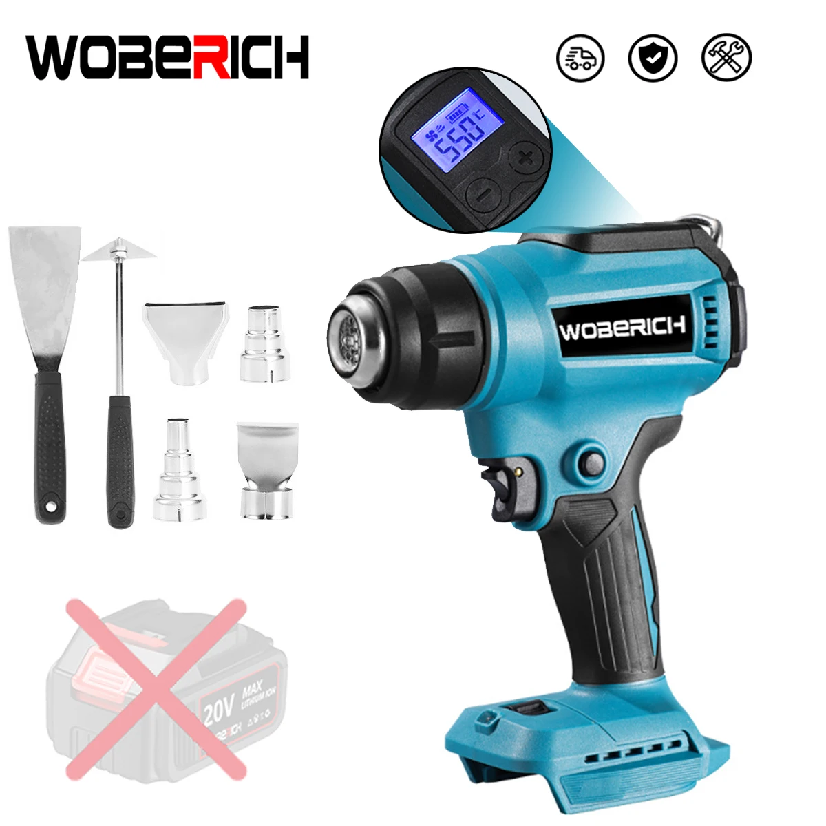 

WOBERICH Cordless Heat Gun Wind Speed Adjustment LED Temperature Display Industrial Home Hot Air Gun (No battery) For Makita 18V