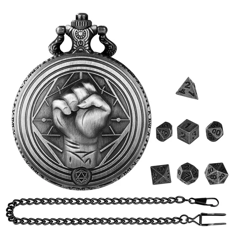 

7 X Metal Polyhedral Dice Set Entertainment Table Role Play Gaming Accessory Fist Pattern Pocket Watch Case FOB Pendant Chain