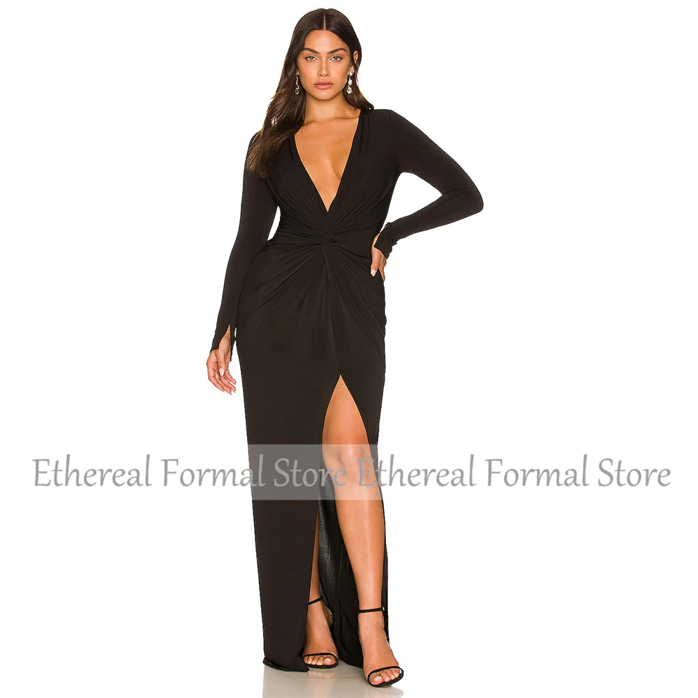 Vestido de noche negro de sirena con cuello en V, vestido de noche de manga larga con abertura para mujer, vestido de fiesta Formal largo y sencillo plisado