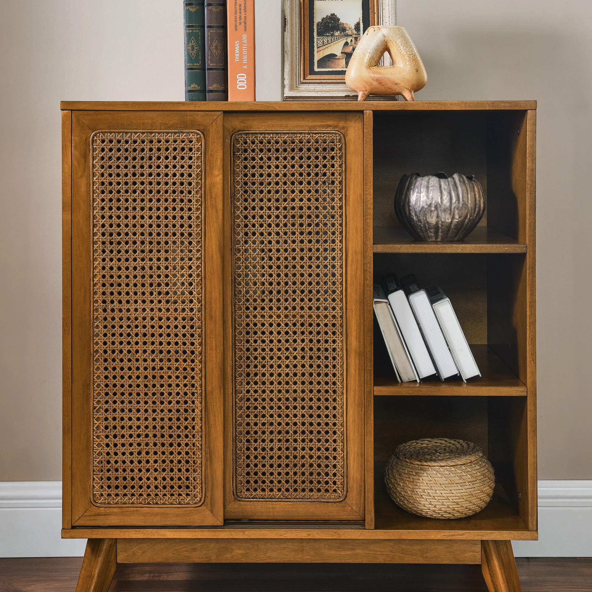 Mid Century Modern Rattan Sideboard Cabinet, Buffet Cabinet for Entryway Hallway Living Room Kitchen Dining Room Bedroom Cabinet