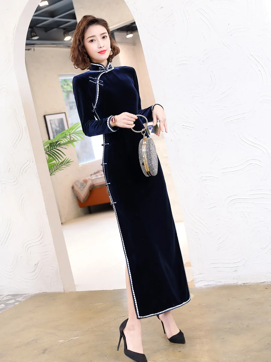 

Ele Young Sle Long Sve Velvet Qipao Slimming Slim Fit plus Size Elastic k Blue Daily Wear Spring Seasonal Dr