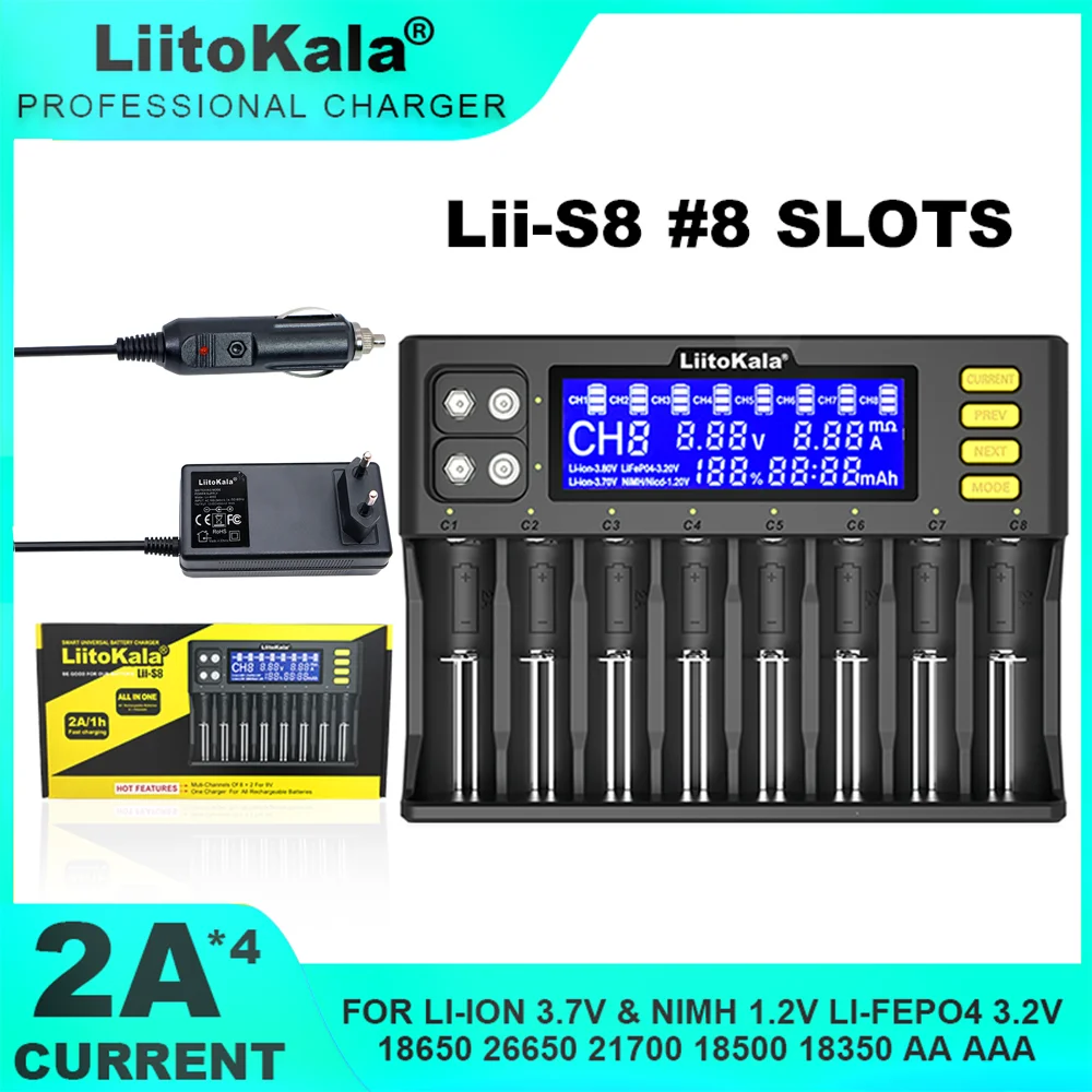 LiitoKala Lii-S8 Lii-S12 LCD Battery Charger for Li-ion LiFePO4 Ni-MH Ni-Cd 9V 21700 20700 26650 18350 18650 RCR123 18700