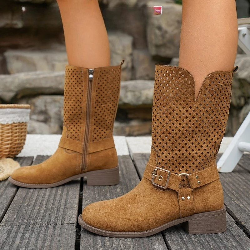 

Women Mid-Calf Boots Retro Ethnic Style Summer Cool Boots Breathable Hollow Out Mesh Boot Classic Western Cowboy Boots for Women