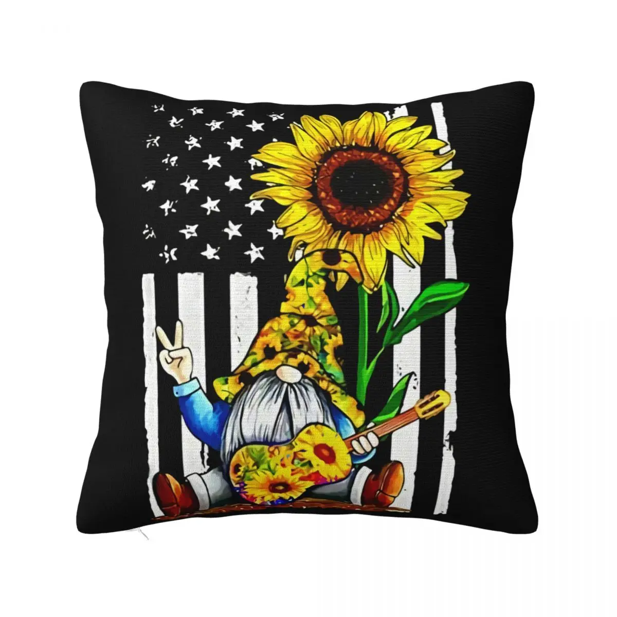 Sunflower Gnome Playing Guitar American Flag Size S 4 Xl Hip-Hop Comfortable Natural Farmhouse 3D Pillow Case