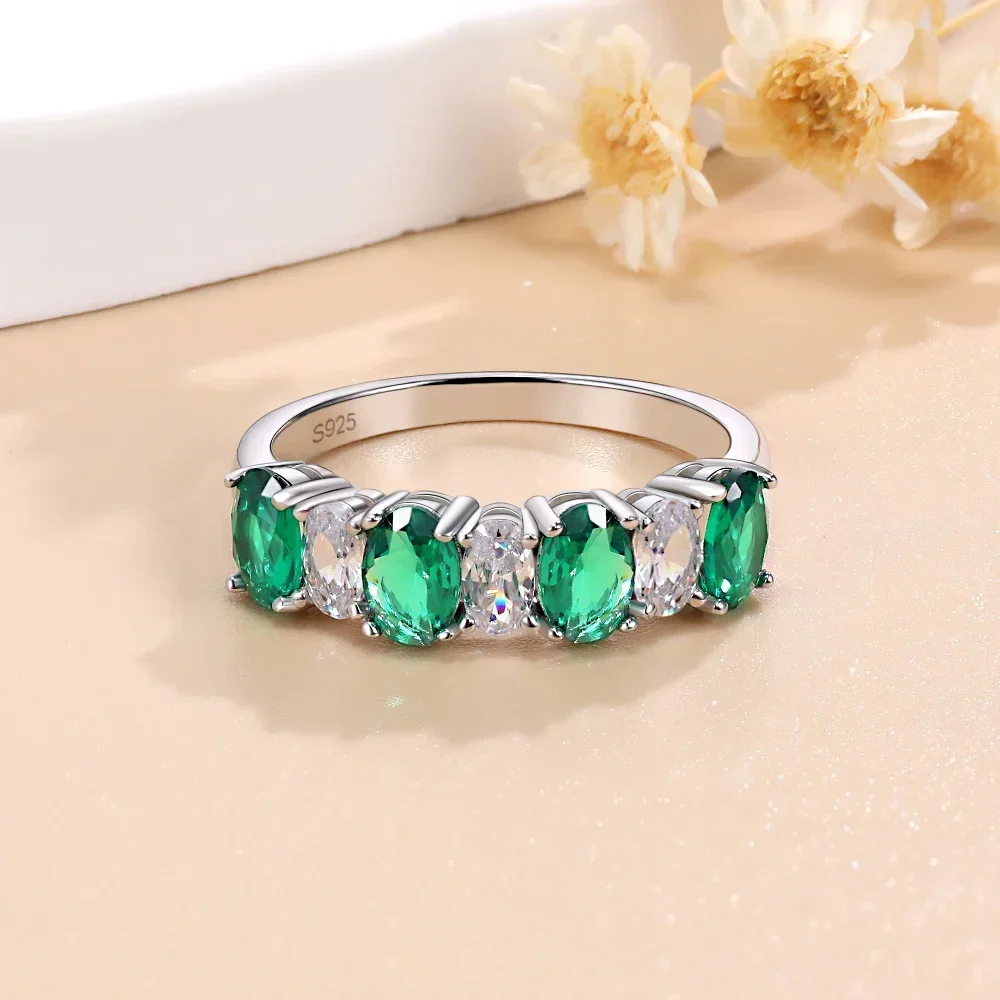 

M-JAJA 4*6mm Oval Cut Lab Emerald Wedding Band S925 Sterling Silver Gemstone Engagement Ring for Women Party Fine Jewelry Gifts