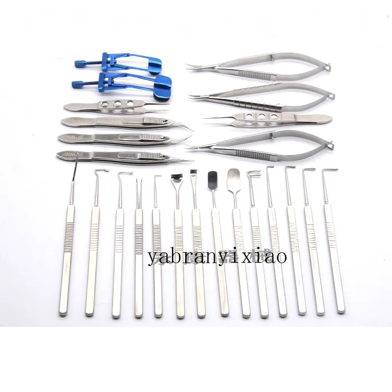 Ophthalmic Microinstruments Set, aço inoxidável, tesoura córnea, ligadura Fórceps, puxar gancho cápsula, rasgando Fórceps, 24