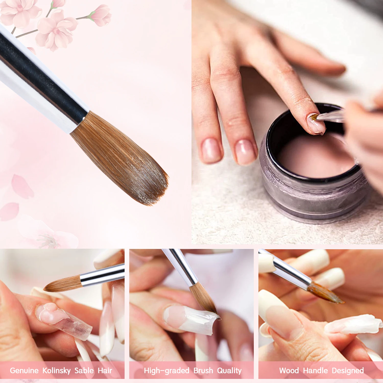 Kolinsky Pędzel do paznokci akrylowych do aplikacji akrylowej, pędzel do paznokci akrylowy okrągły owalny drewniany uchwyt proszek akrylowy