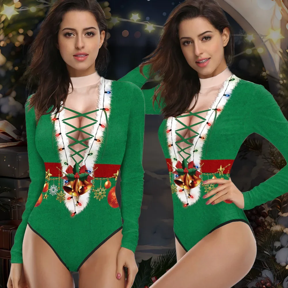 

Christmas Costume Women Santa Claus Bodysuit 3D Printed Sexy Swimsuit Fancy Holiday Party Dress Up Zentai Suit Jumpsuit