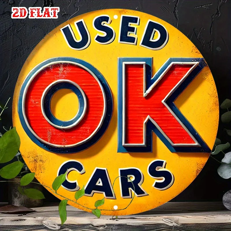 2D flach, 1 Stück Retro „OK Car“ rundes Holzschild – Retro-Wandkunst, Heimwanddekoration, Außendekoration
