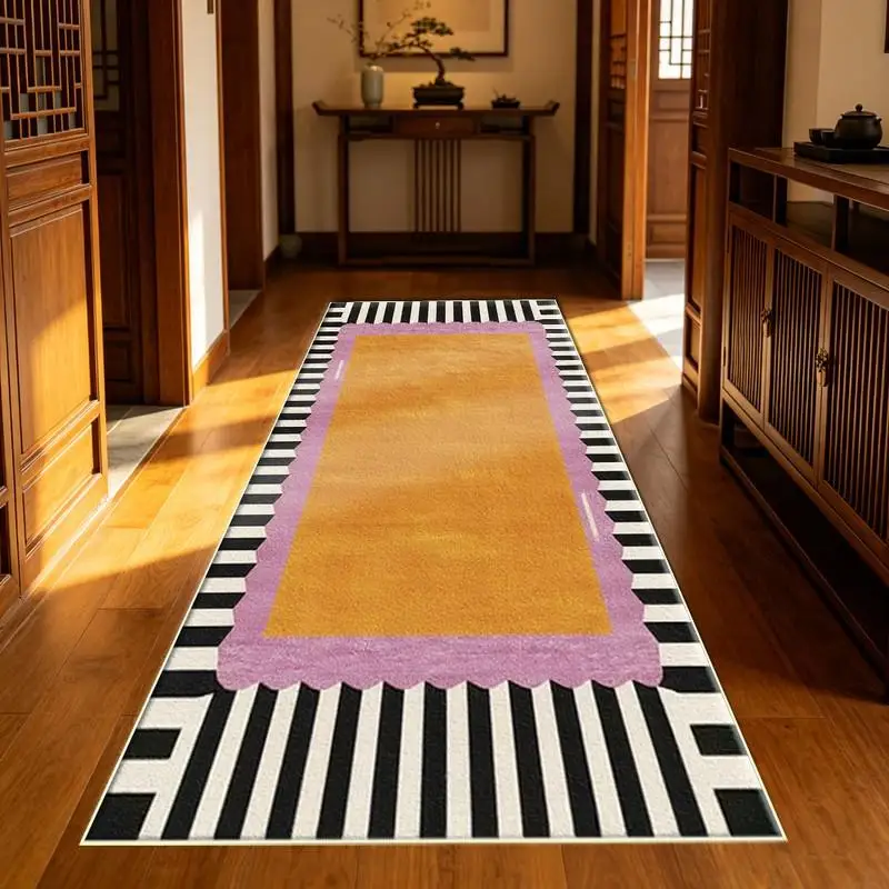 Fun Contrast Border Geometric Carpetflooring ,Orange Pink Black White AreaRug for Room Decor