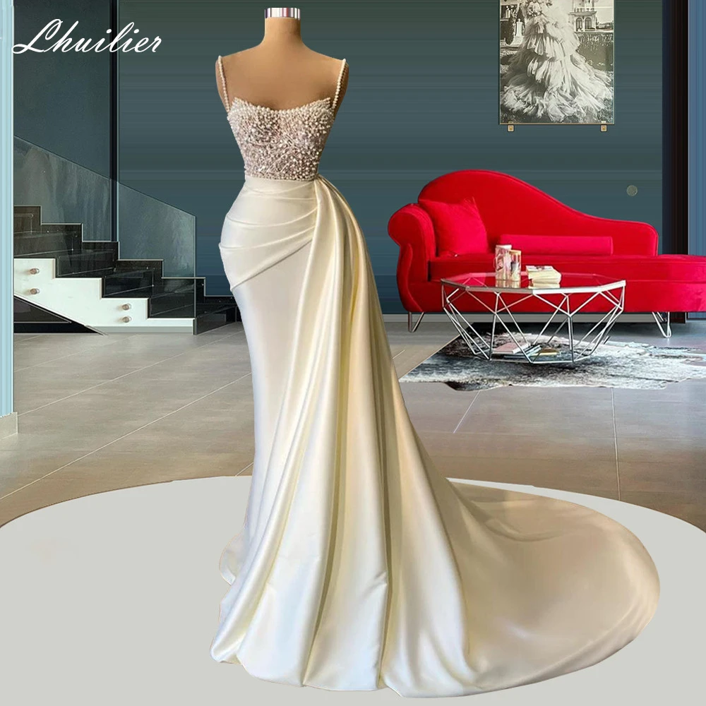 Lhuilier Luxury Mermaid Satin Wedding Dresses 2023 Floor Length Pearls Beaded Sleeveless Bridal Dress with Chapel Train