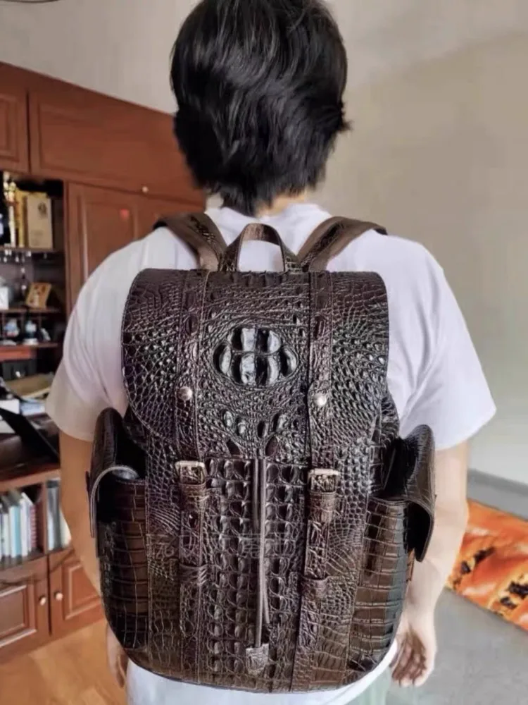 Handmade Genuine Leather Bag Men Casual Backpack High Quality Crocodile Skin Travel Bags Fashion Punk Mens Motorcycle Backpacks