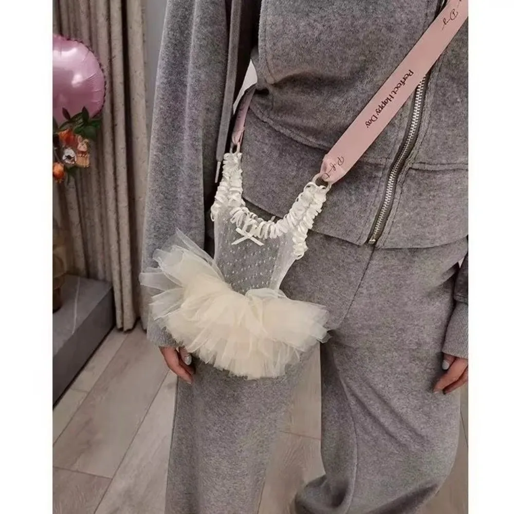 Versatile Ballet Style Phone Bag Puffy Skirt Detail Mini Size Single Shoulder Bag Lace Design Earphone Bag For Women