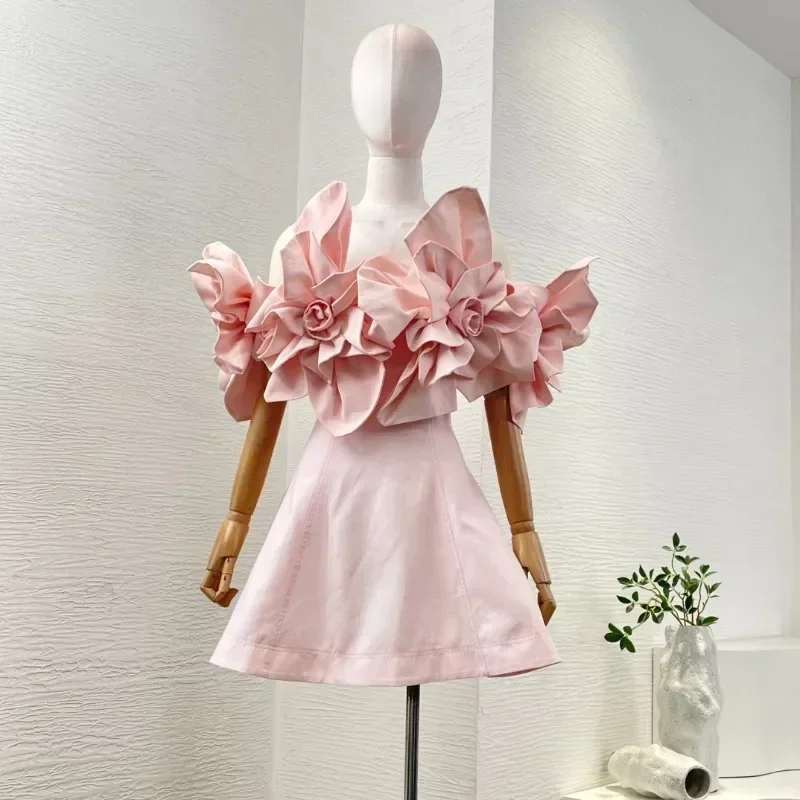 2025 New High Quality Off The Shoulder Sweet Pink Flowers Appliqued Mini Dress for Women's Party