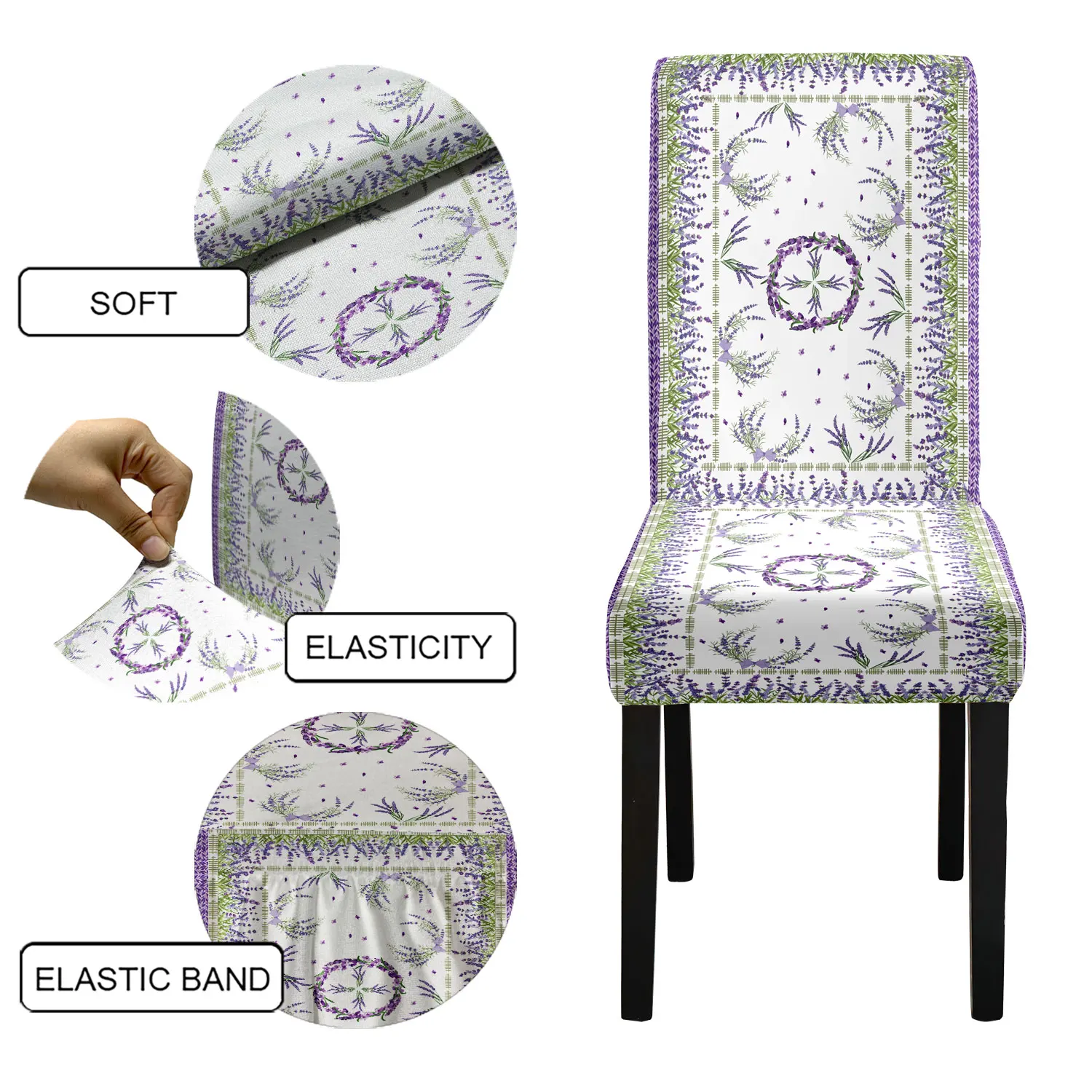 4/6pcs Elegant French Country Lavender Chair Cover – White Base Vintage Lavender Wreath Pattern Removable Washable Slipcover