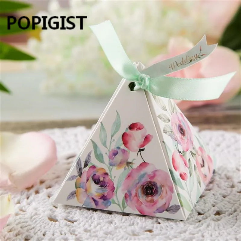 Promotional Exquisite Triangular sweet Camellia rose Flower Wedding Favors Candy Boxes Chocolate Gifts Box packaging box