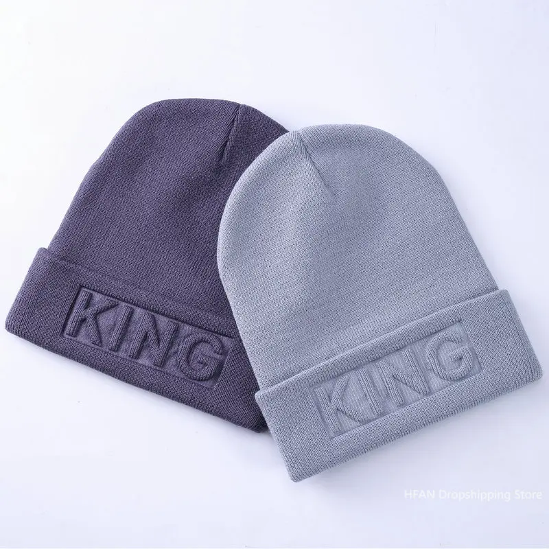 Winter Hat King Queen Beanies Fashion Hip Hop Couples Cap Casual Solid Hat Men Woman Warm Knitted Beanie Ski Skullies Bonnet