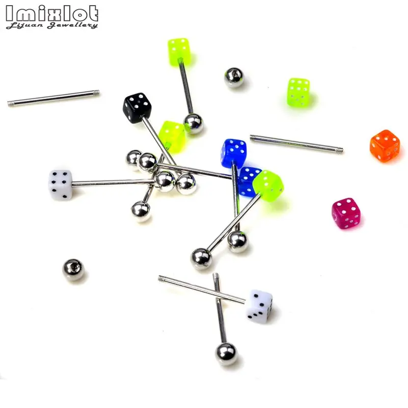 Imixlot 10pcs Stainless Steel Tongue Rings Women Colorful Acrylic Dice Barbell Bar Piercing Tongue Body Piercing Jewelry