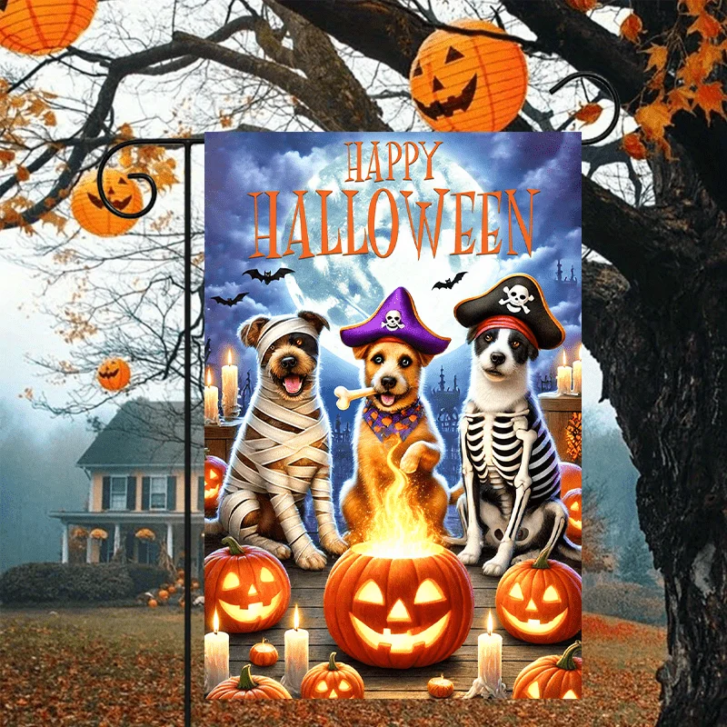 2D Flat - 2D Flat - 1pc a Double-Sided Halloween Garden Flag Featuring a 2D Design of Three Ghostly Puppies Dressed As Pirates. It'S Perfect for Outdoor Decorations, Including Patios And Lawns, Measuring 12X18 Inches