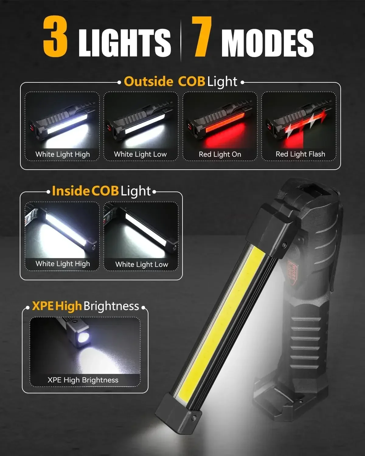 New COB Foldable Flashlight LED Work Light Hanging Hook 7 Modes Magnetic USB Rechargeable Torch Portable Working Flash Light