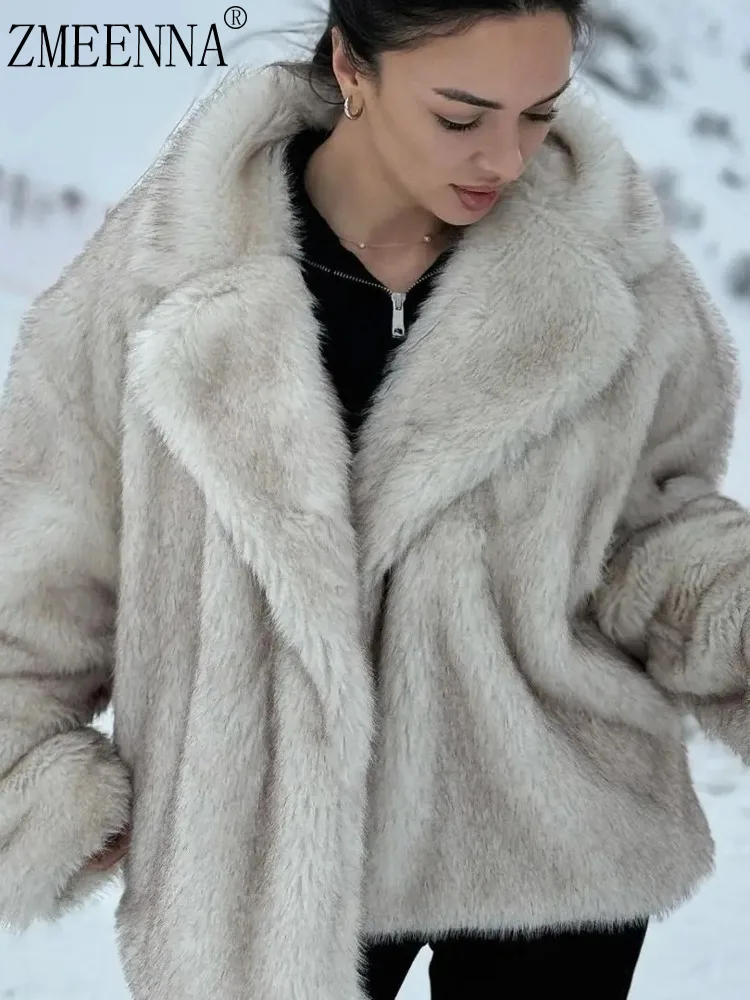 

ZMEENNA Womens Luxurious Faux Fur Coat Lapel Collar Open Front Long Sleeve Oversized Warm Winter Outerwear Plush Fashion ZM4365