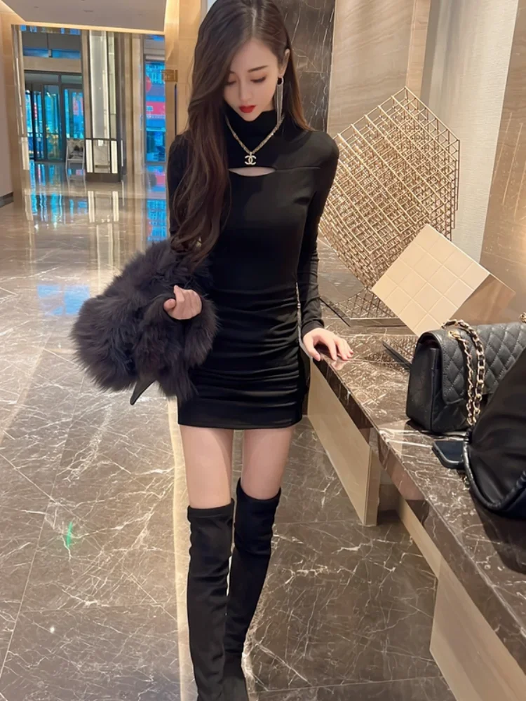 Tight Hollow Black Woman Long Sleeve Dress Bodycon Night Club Dresses for Women Corset Thic Trendy on Promotion Korean Style Hot