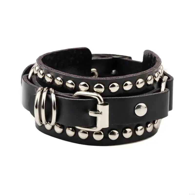 K1ME Spiked Studded Bracelet Black Leather Rivets Punk Bracelet Cuff Wrap Bangle Button Metal Wristband for Men Women