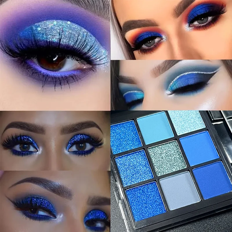Blaue Lidschatten-Palette mit 9 Gittern, glitzernd, perlmuttartig, matt, Lidschatten, Schimmer, Make-up, langlebig, für Damen, Schönheit, Augenkosmetik