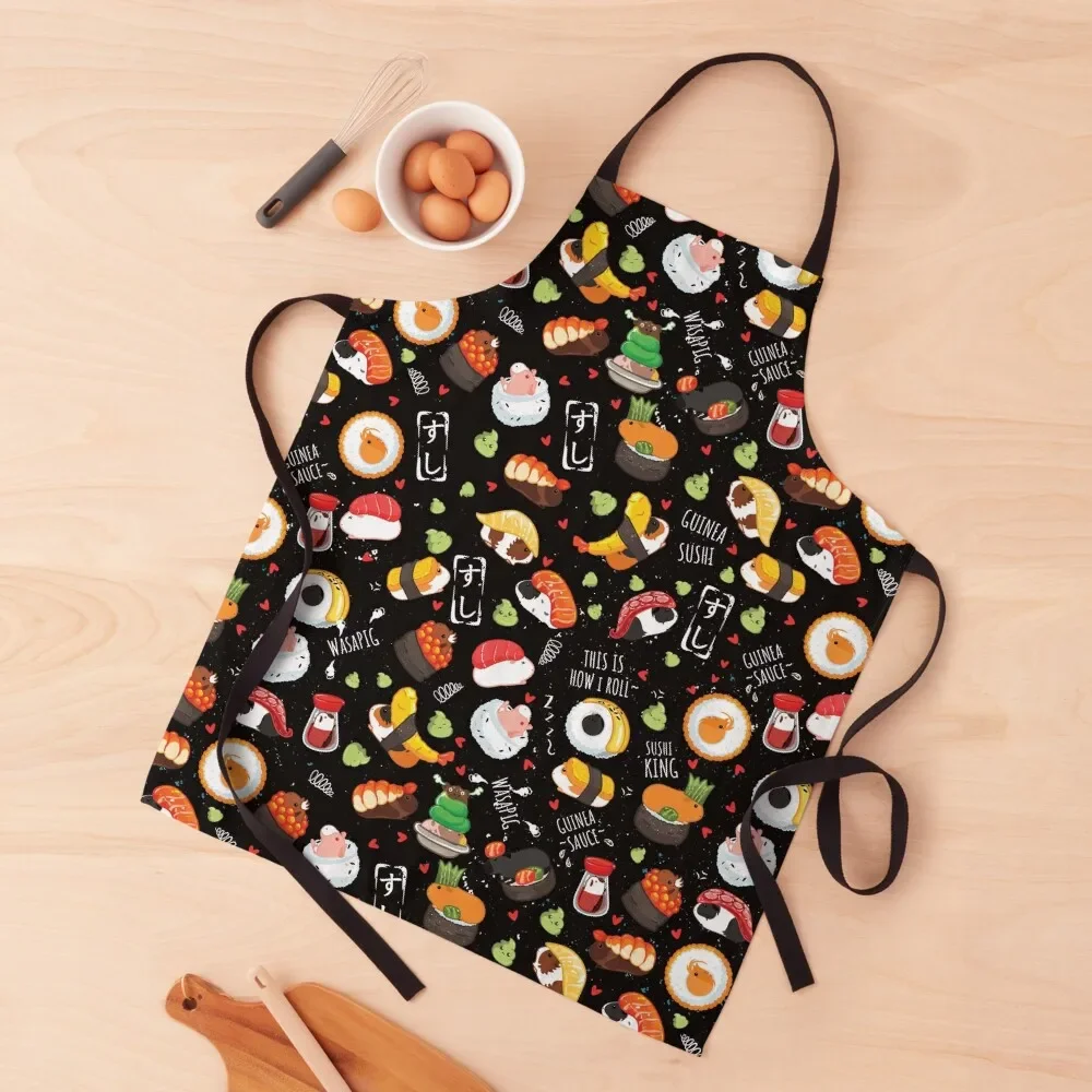 

Japanese Guinea Pig Sushi - Black Background Apron kindergarten teacher Cute Kitchen Customizable Woman Apron