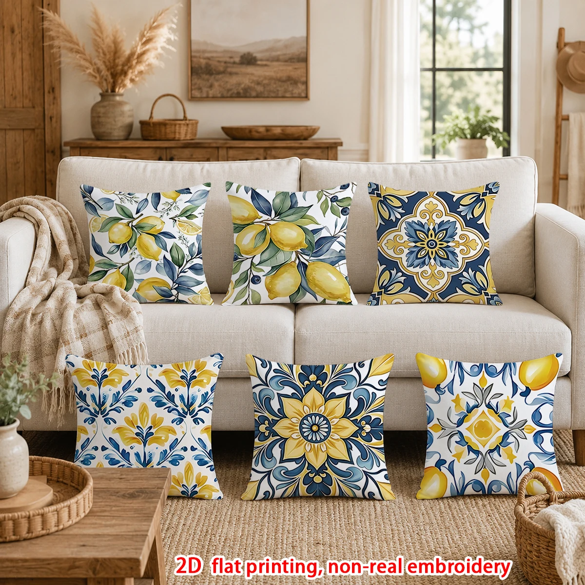 1pc  Set of 6 Watercolor Lemon Mediterranean Floral Throw Pillow Covers, Bohemian Farmhouse Decorative Cushion Cases for Sofa