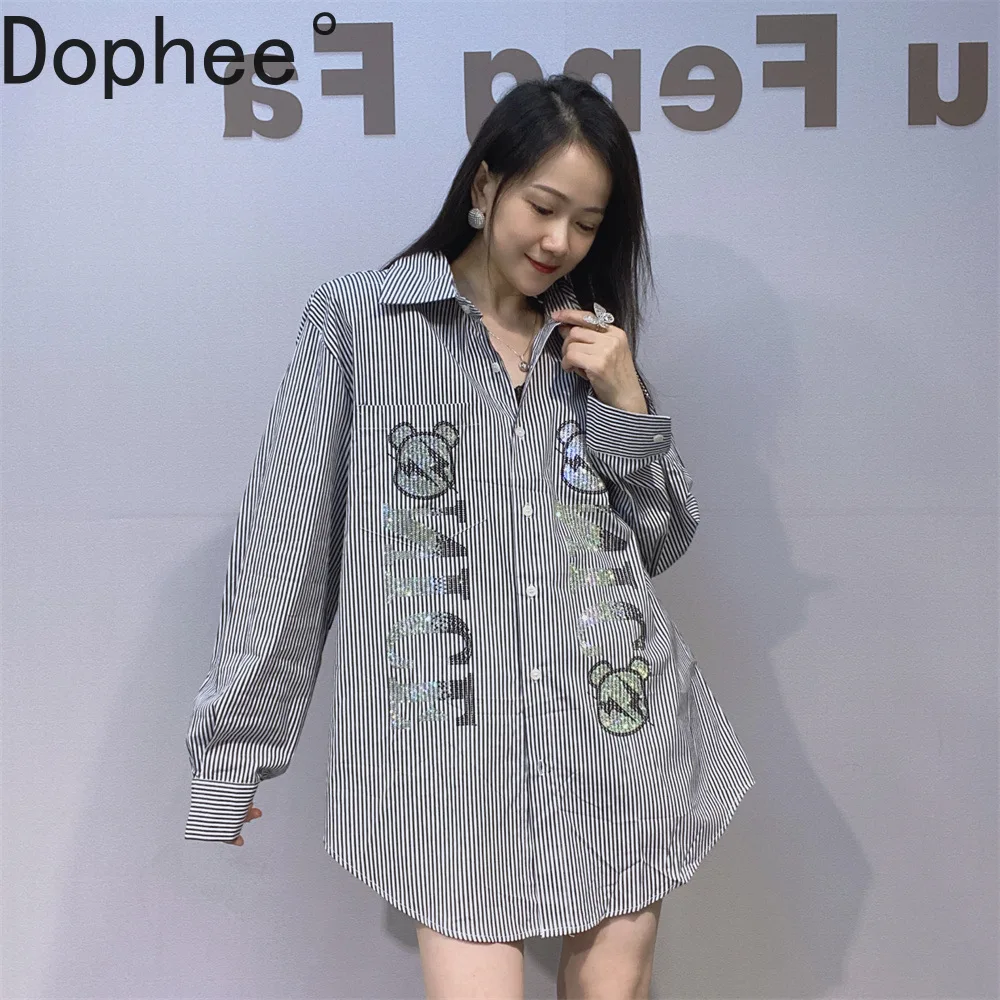 

2025 New Spring Autumn Loose Women Cardigans Top Mid-long Stripes Shirts Cartoon Hot Drilling Large Size Long Sleeve Blouses