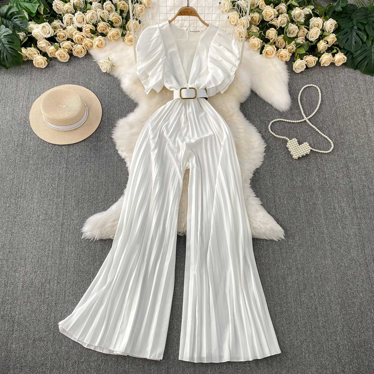 

Women Elegant Cape Sleeve Jumpsuit Lady Evening Night Out Party Dinner Banquet Onesie Rompers Tropical Pleated Wide Leg Jumpsuit