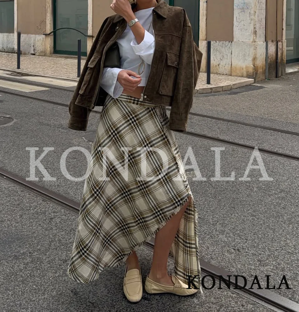 KONDALA Eleganter Lässiger Karierter Midirock für Damen, Trendiger Asymmetrischer Saum Rock, Neu 2026 Frühling Sommer Mode Damenrock – Detail 4