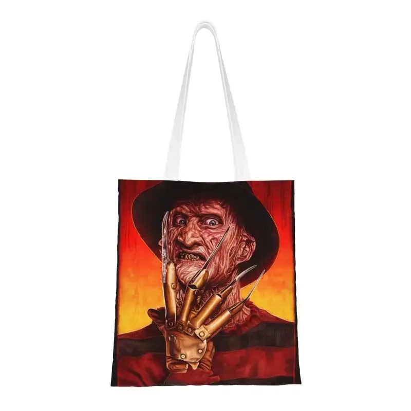 Horror Movie Groceries Shopping Bags Funny Printed Canvas Shopper Tote Shoulder Bags Durable Halloween Movie Character   Handbag