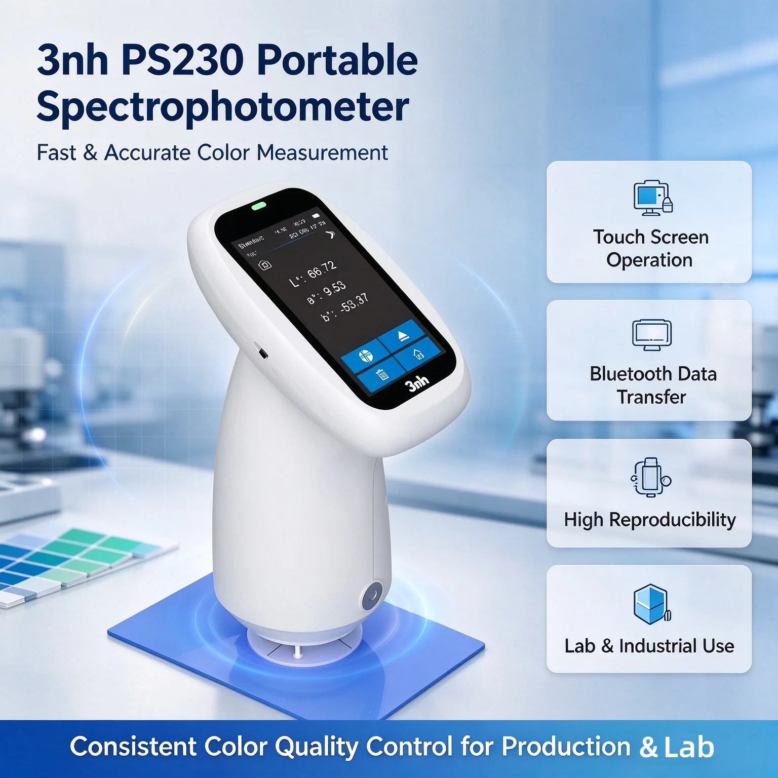 3nh PS230 Portable Colorimeter with USB/LED Light Source D/8 Optical Geometry 6 Apertures Lab Color Mode 1 Year Warranty