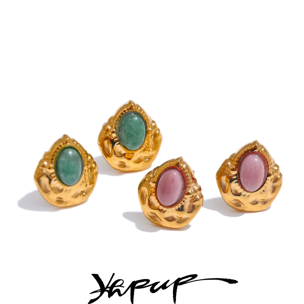 Yhpup France Vintage Style Stainless Steel Natural Stone Smaller Golden Stud Earrings Anti Allergic Metal Popular Jewelry