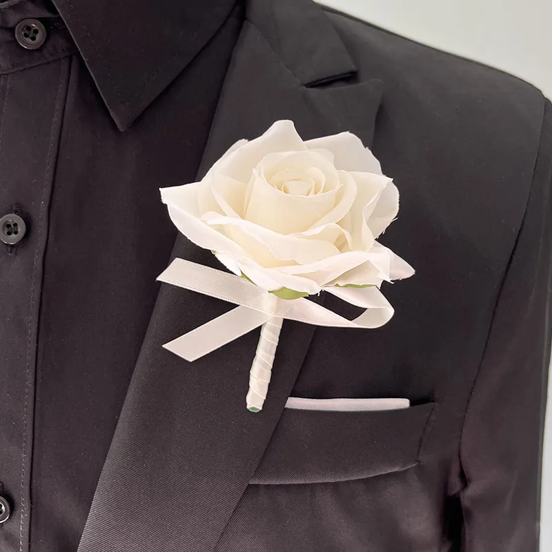 Wedding Boutonniere Brooch Flowers Artificial Roses Silk Ivory White Corsage Buttonhole Groomsmen Men Bride Marriage Accessories