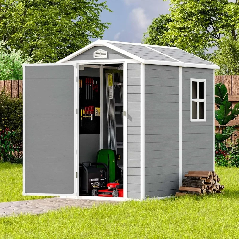 4 X 6 FT Plastic Outdoor Storage Shed with Reinforced Floor, Resin Outside Tool Shed, Garden Tools and Lawn Mower, Grey