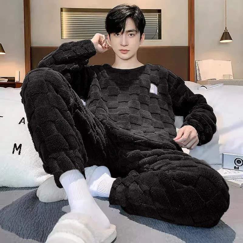 Thickened Warm Sleepwear for Winter Men Coral Velvet Plus-Size Loungewear Two-Piece Set of Soft Flannel Long-Sleeved Pajamas
