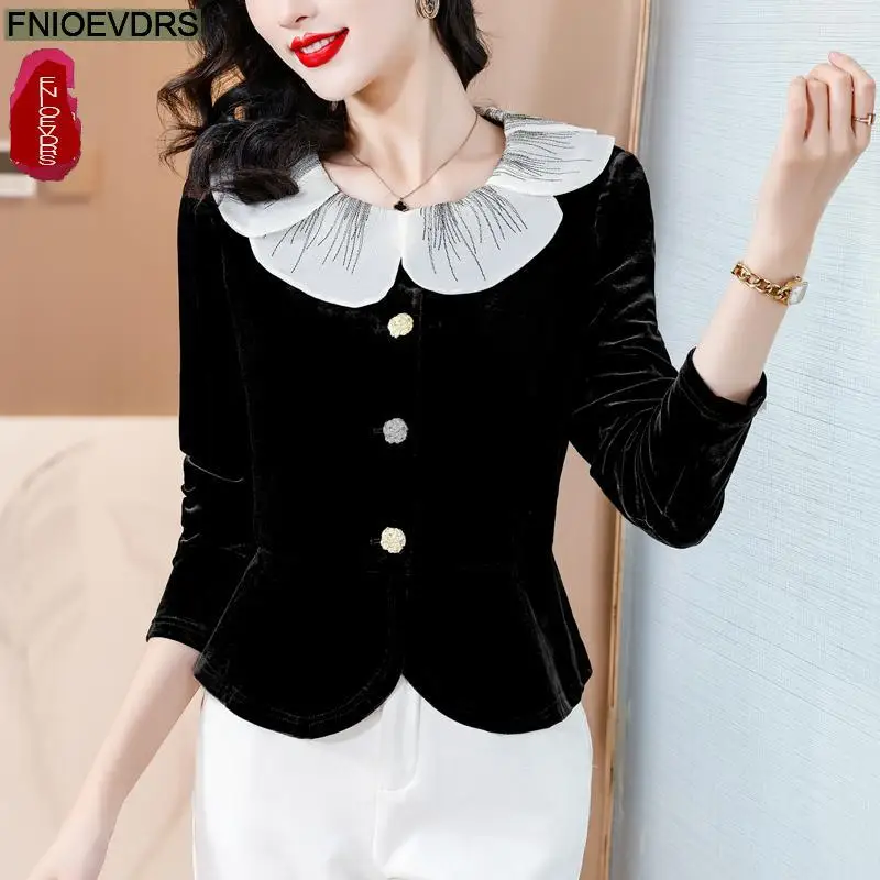 S-3XL Black Velvet Top Women Autumn Winter French Design Elegant Office Lady Work Button Shirt Casual Slim Retro Peplum Blouses